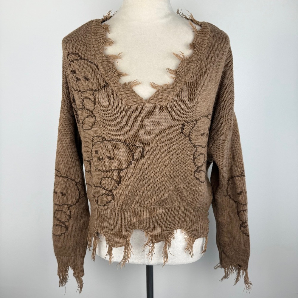 Rue21 Brown Teddy Bear Distressed Raw Hem V-Neck Knit Sweater Womens Size Large